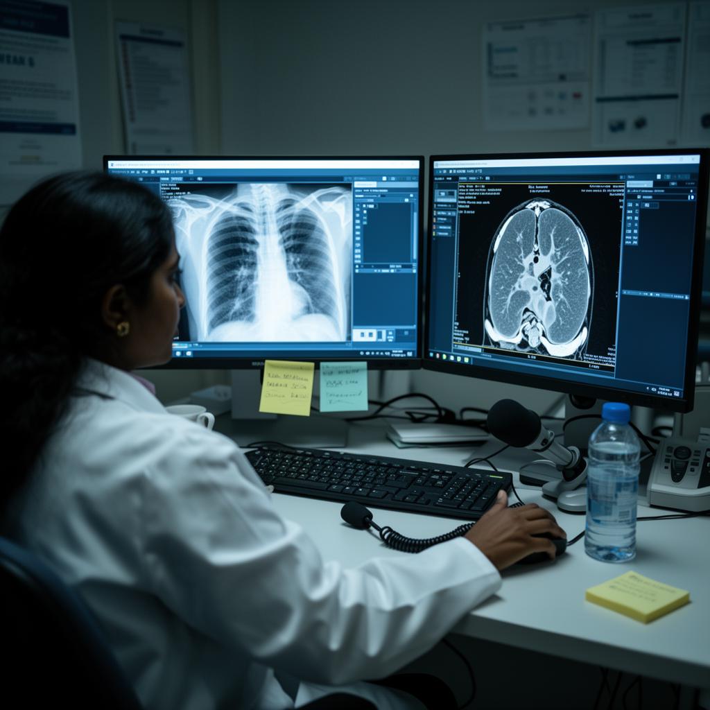 Radiologist reviewing CT scans on a multi-monitor PACS workstation