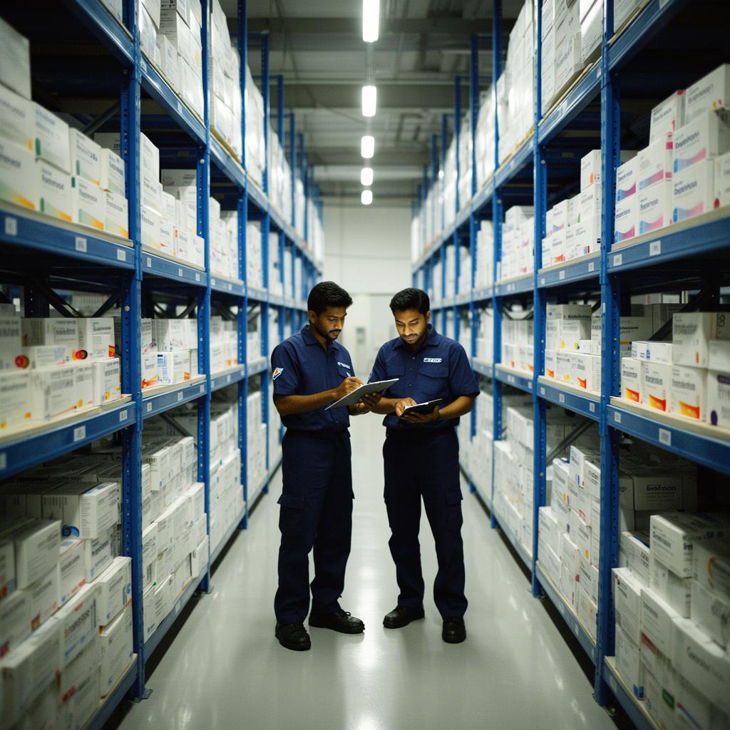 Pharmaceutical distribution warehouse with neat shelves of medicine and a worker scanning inventory