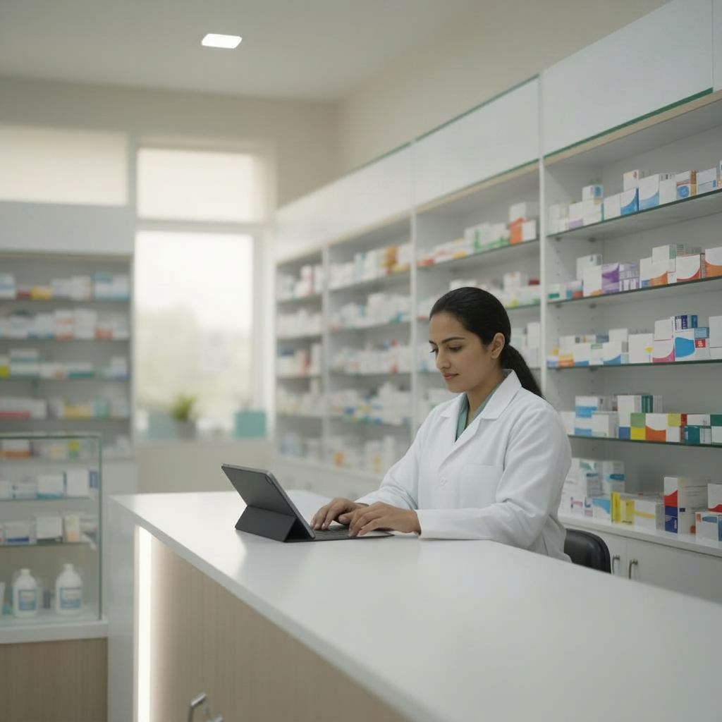 Inside 1,000-bed tertiary care Pharmacist working at a modern hospital pharmacy counter with a tablet