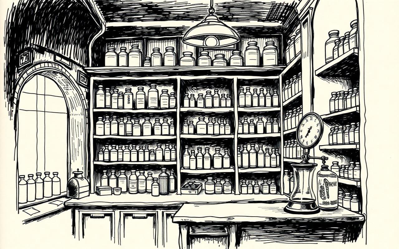 Sketch of a 1950s Lahore pharmacy interior with apothecary jars, brass scale and wooden shelves